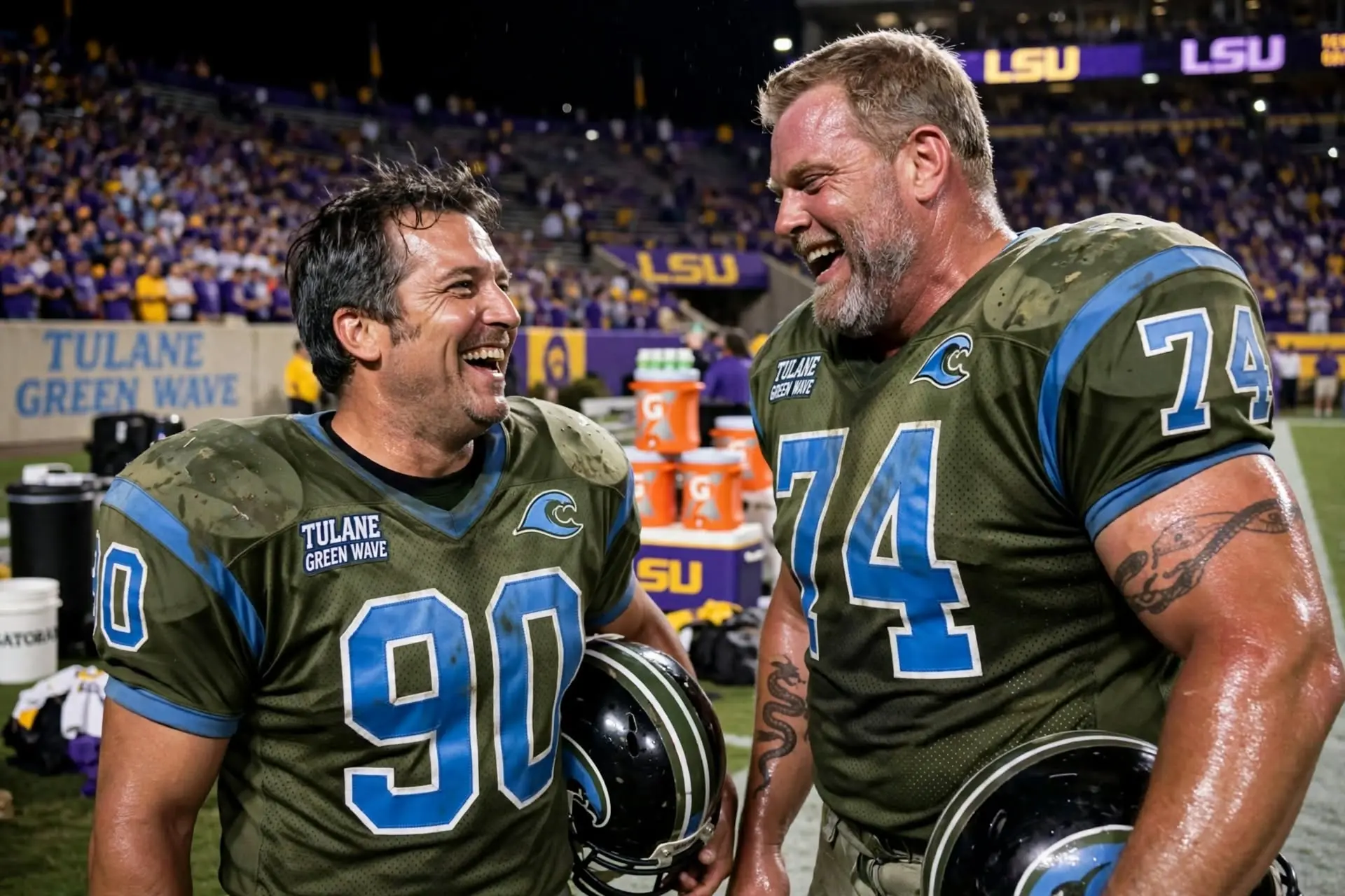 Two Tulane teammates laughing on the sidelines at an away game