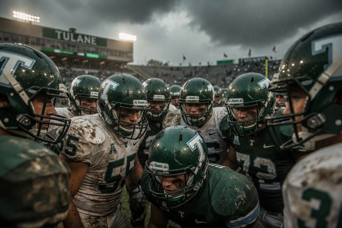 Tulane football team huddled in the rain, mud-streaked jerseys