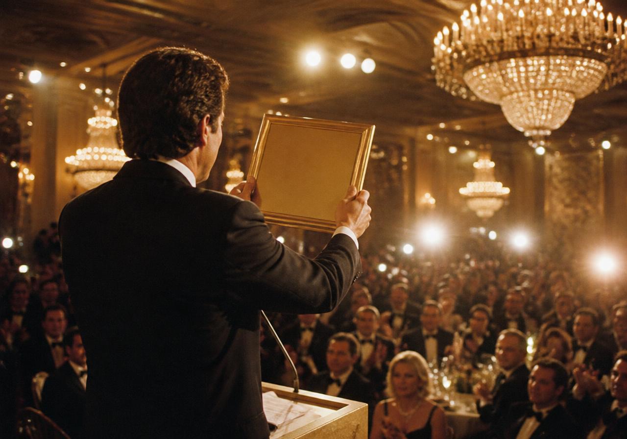 A tuxedoed presenter holding up a heavy gold plaque on stage at a black-tie Star Diamond awards gala in a chandeliered ballroom